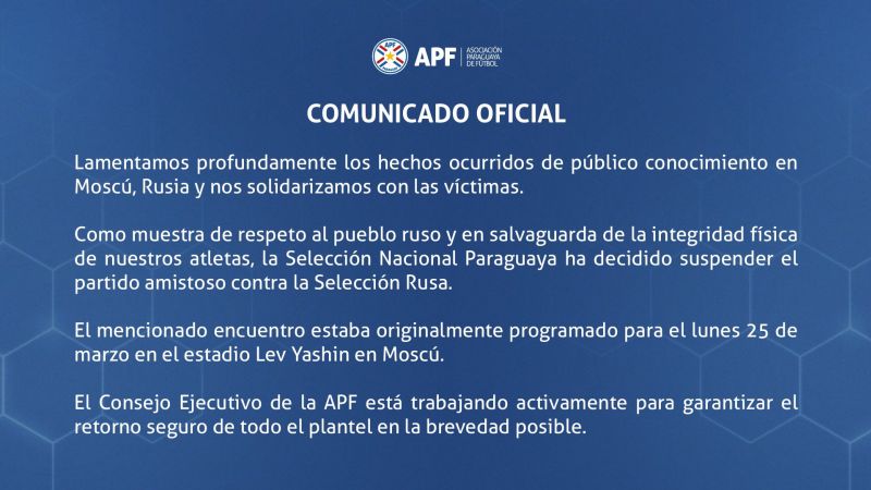 В Ассоциации футбола Парагвая сделали заявление в связи с отменой матча с Россией