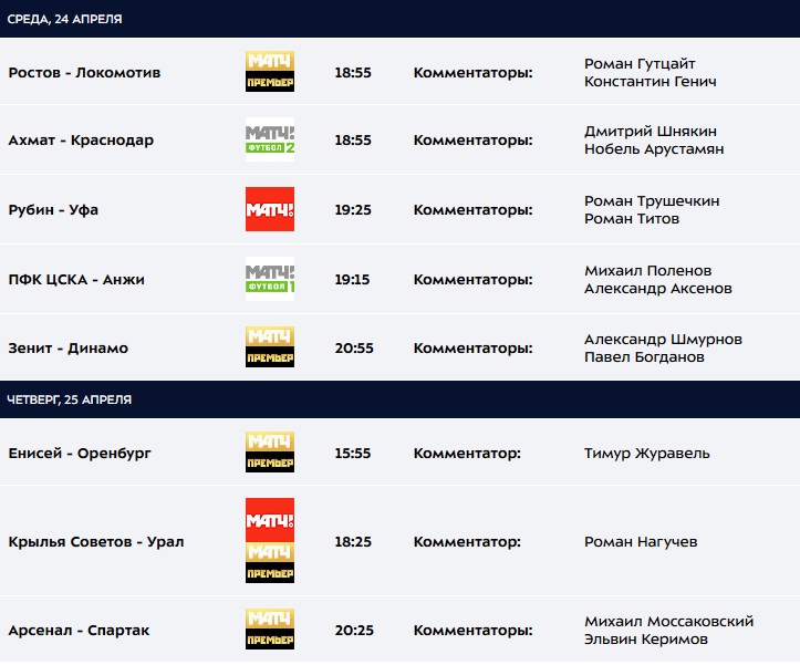 Услуги телетрансляции. Расписание матчей и комментаторов ЧМ.