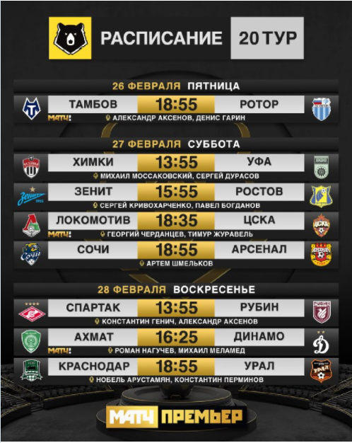 Расписание и комментаторы трансляций 20-го тура Российской Премьер-Лиги.