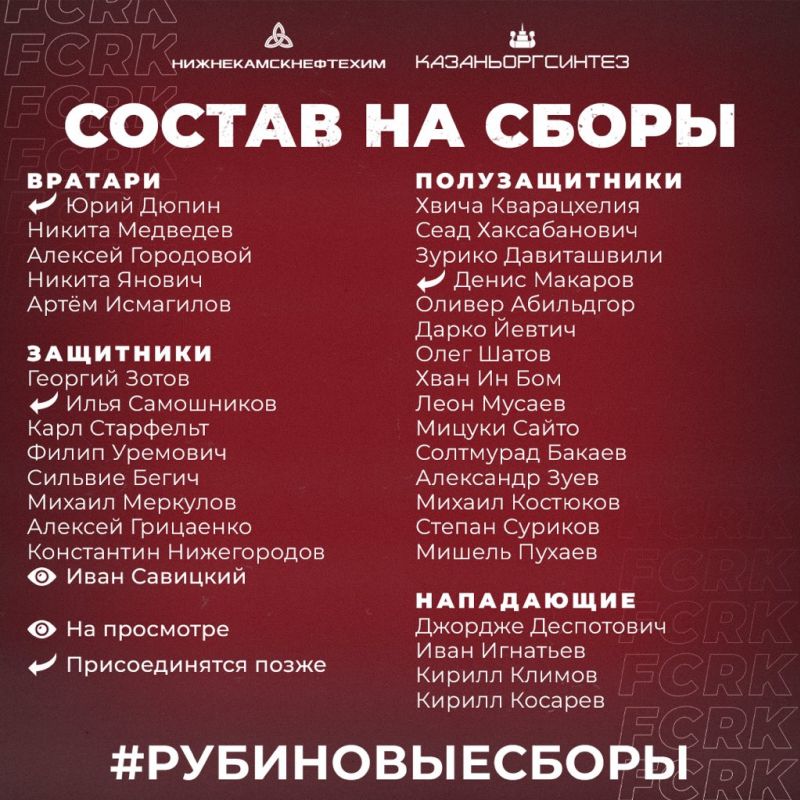 Рубин опубликовал список игроков, которые будут готовиться к новому сезону