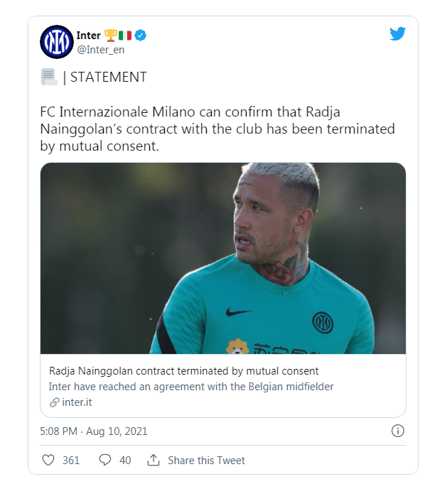 «Интер» объявил о расторжении контракта с Наингголаном