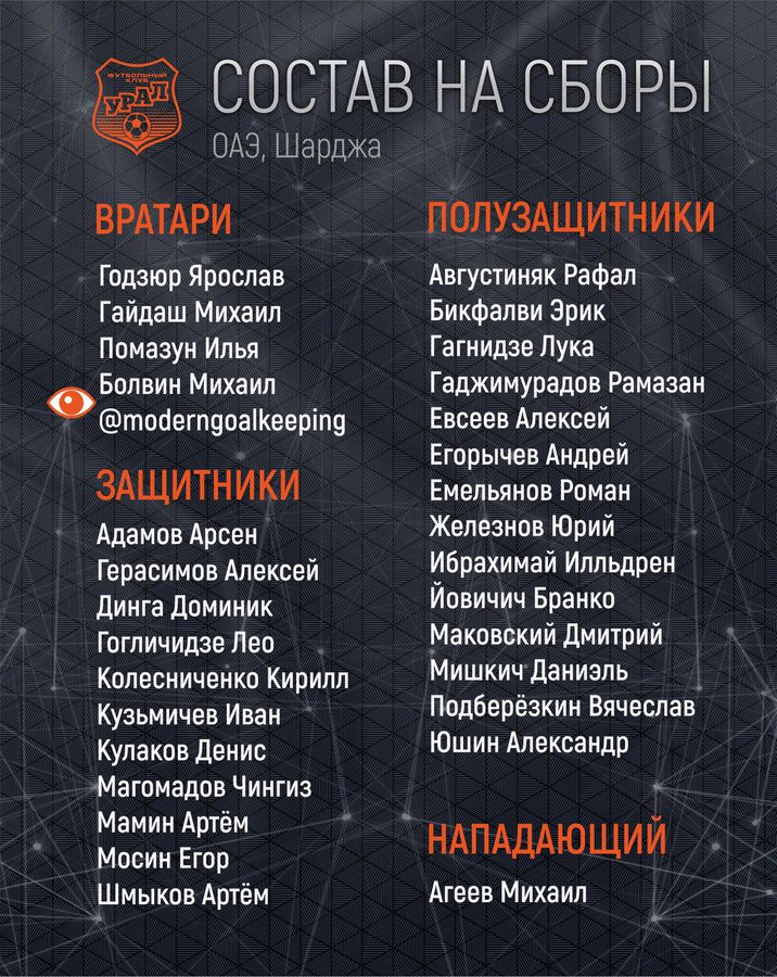 Урал опубликовал состав, в котором команда отправилась на сборы в ОАЭ