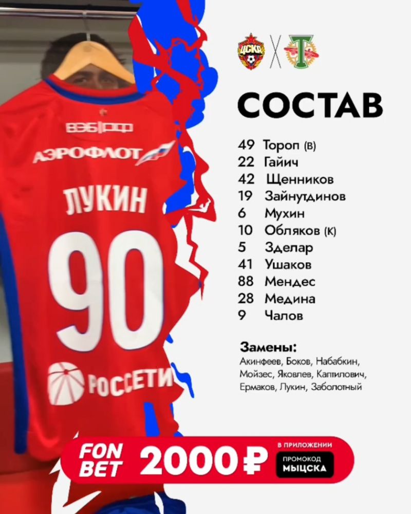  Состав ЦСКА на кубковый матч против «Торпедо»