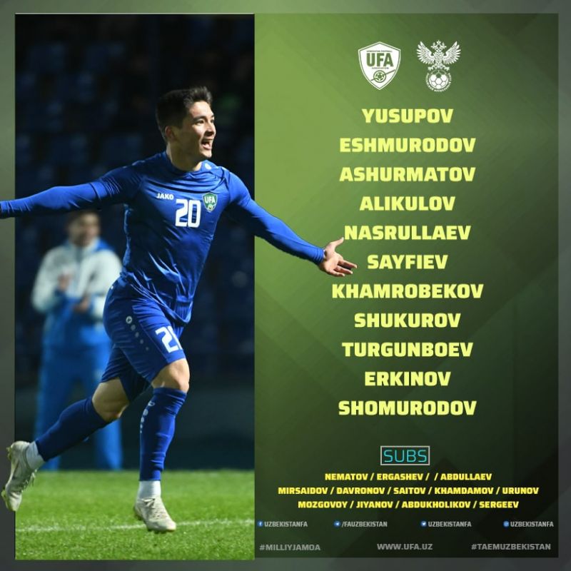 Шомуродов и Эркинов в стартовом составе сборной Узбекистана на матч со сборной России