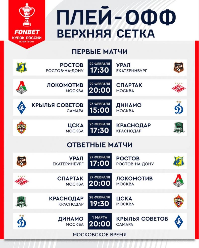 Стало известно расписание ближайших матчей Кубка России