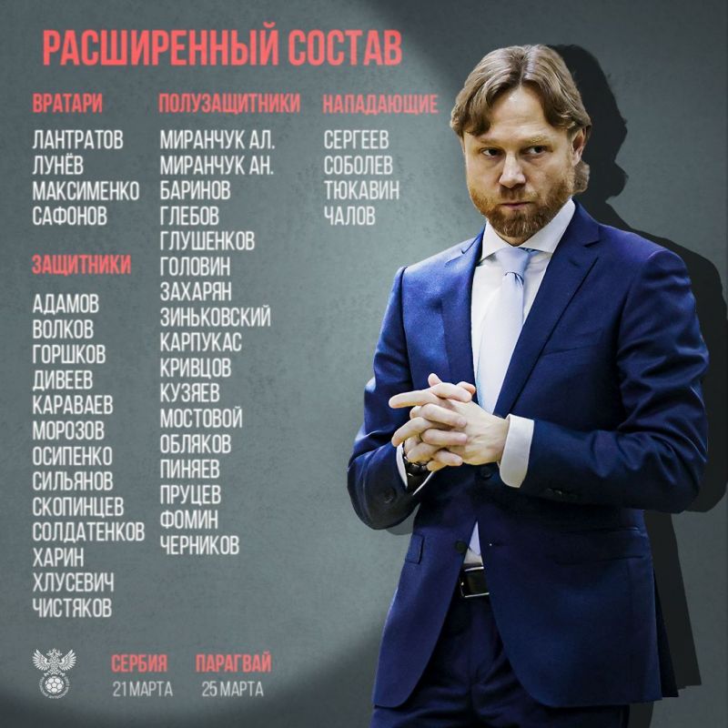 Объявлен расширенный состав сборной России на матчи с Парагваем и Сербией 