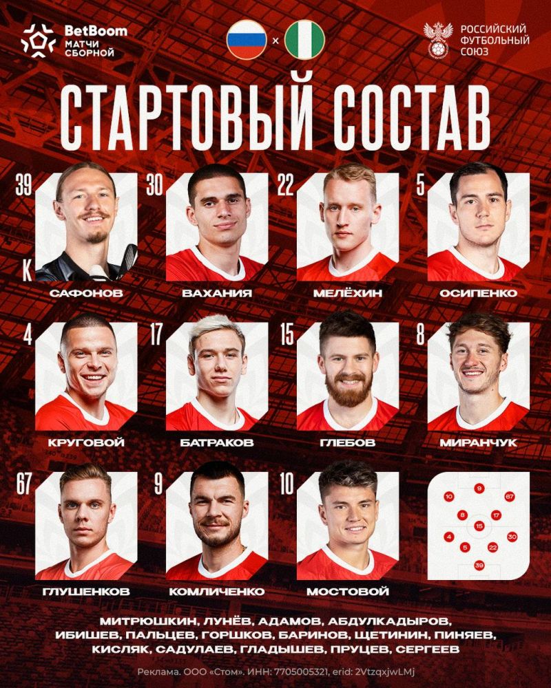 Назван состав сборной России на матч с Нигерией. Сафонов выйдет с капитанской повязкой