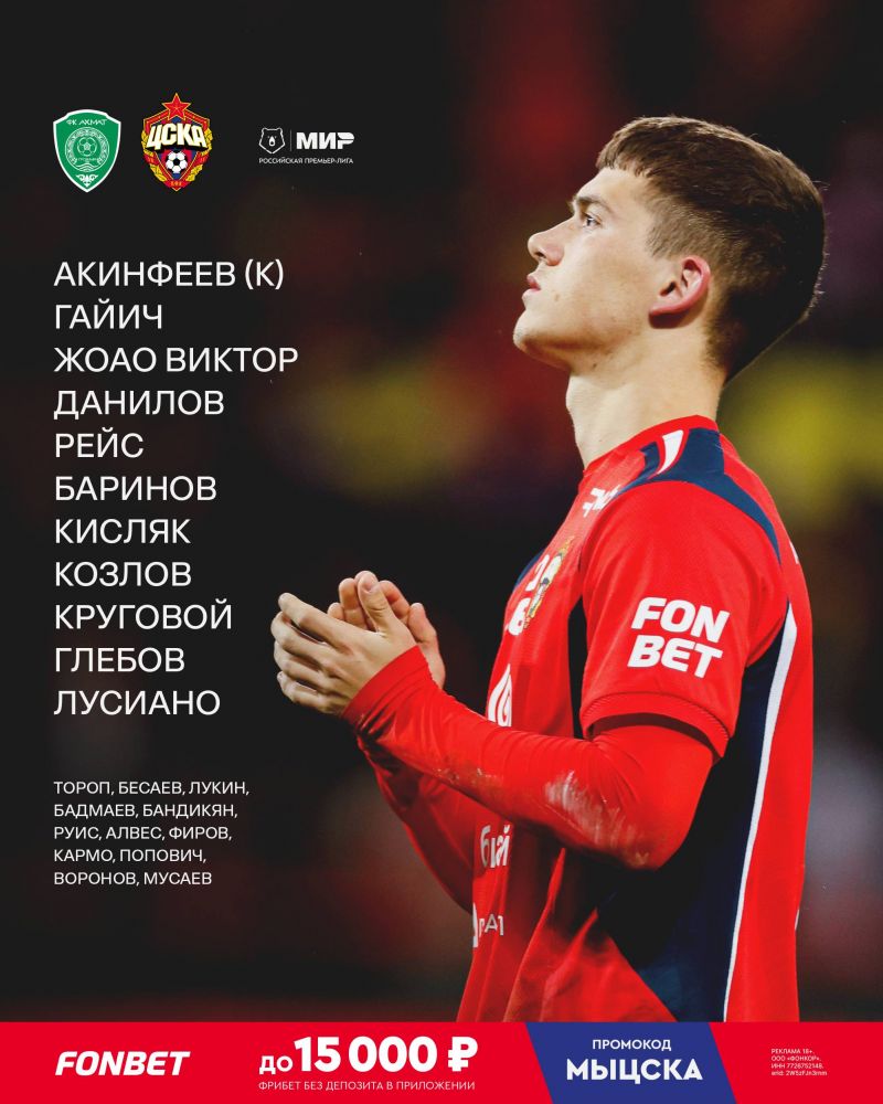Баринов, Рейс, Данилов, Козлов и Лусиано выйдут в старте ЦСКА на матч с Ахматом