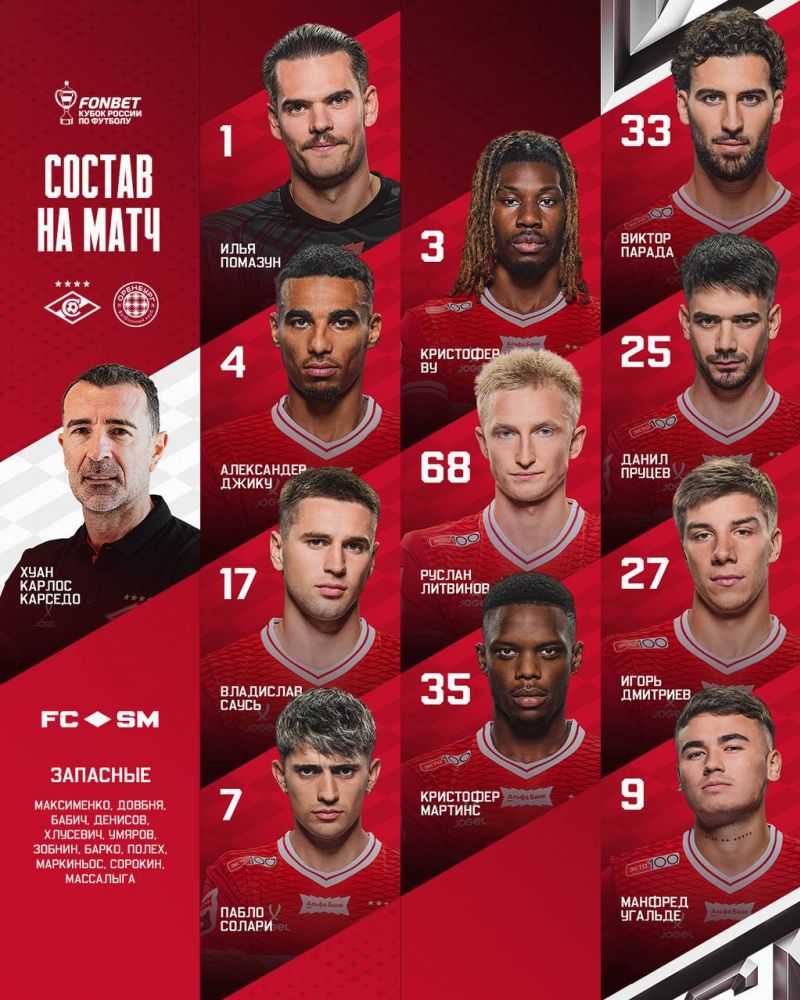 «Спартак» объявил стартовый состав на матч с «Оренбургом» в Кубке России по футболу