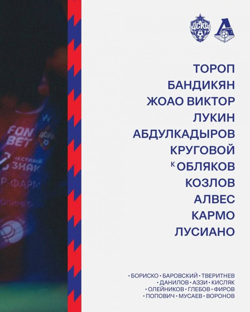 ЦСКА - Локомотив: стартовые составы команд ЦСКА - Локомотив: стартовые составы команд